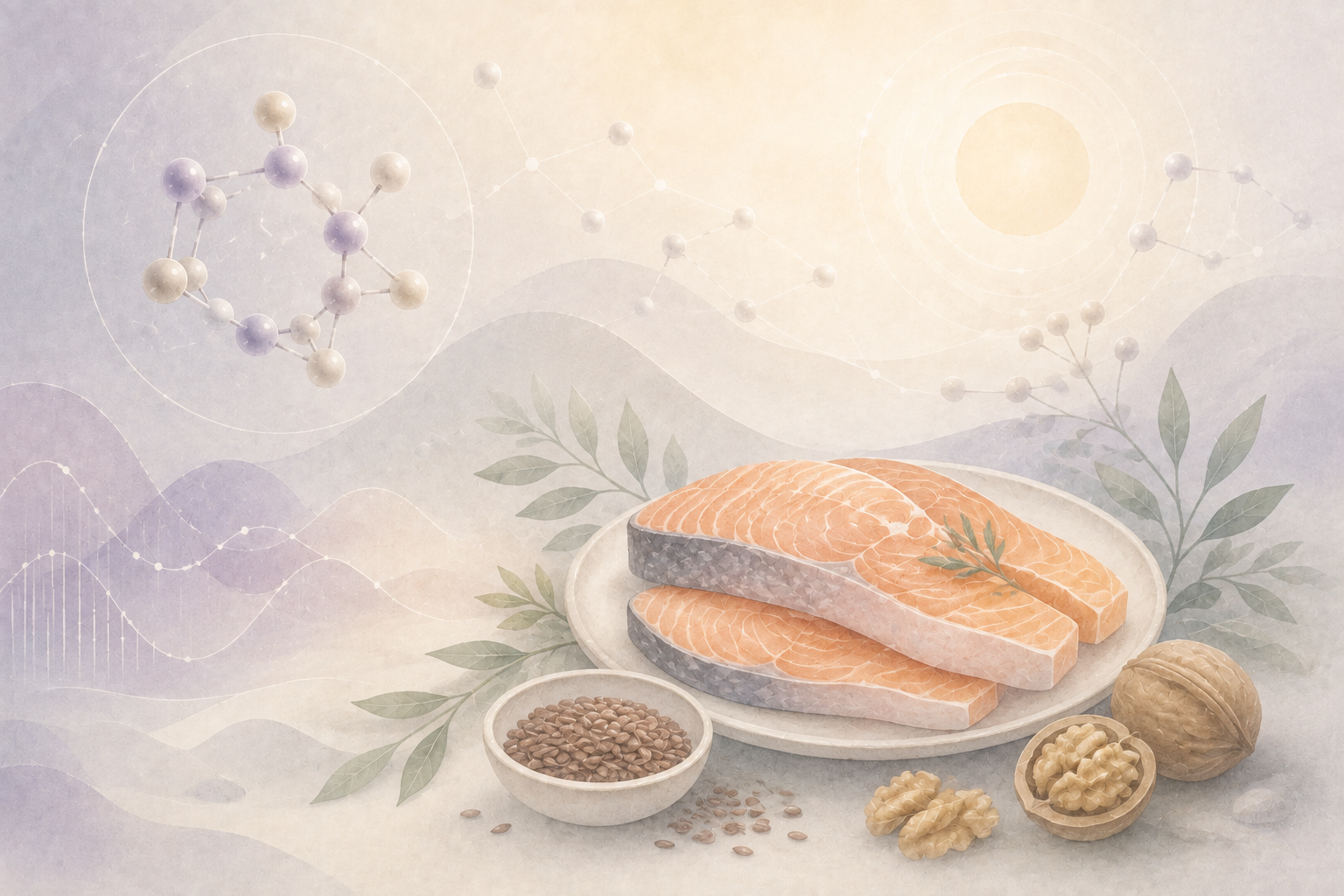Pastelowa ilustracja ryby, orzechów włoskich i siemienia lnianego symbolizująca kwasy omega 3