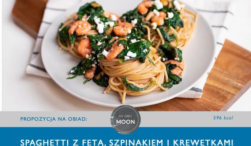 Spaghetti  z fetą, szpinakiem i krewetkami