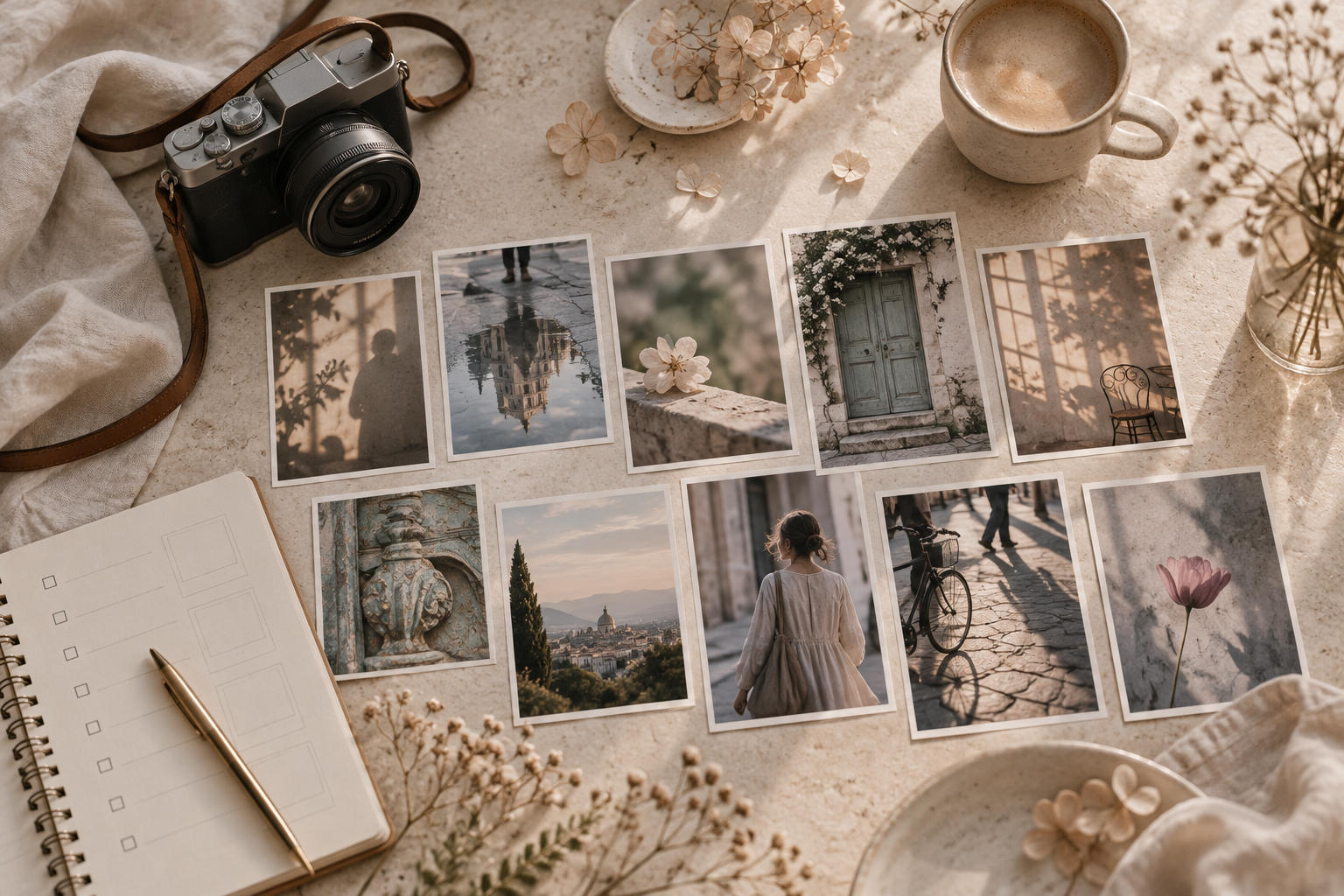Spacer fotograficzny z aparatem i zestawem inspiracji do wykonania dziesięciu kreatywnych kadrów