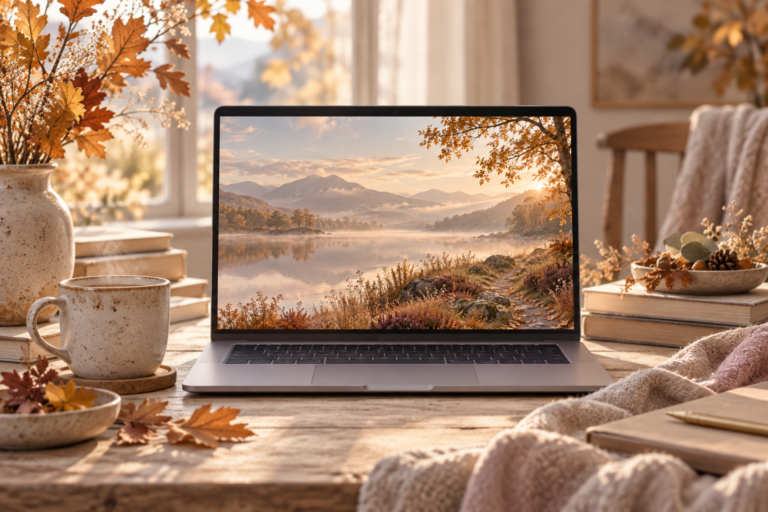 Jesienna tapeta na pulpit z mglistym jeziorem, górami, ścieżką i złotymi drzewami o poranku